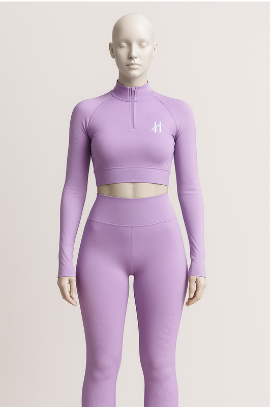 Lila Uzun Kollu Spor Takım – Yarım Fermuarlı Crop & Yüksek Bel Tayt